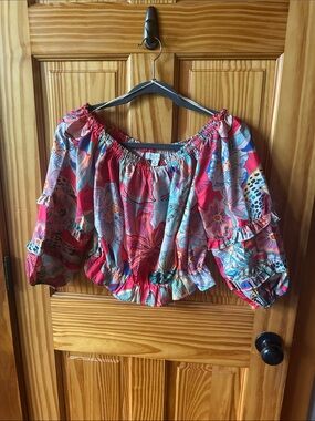 Rachel Zoe Floral Off-Shoulder Crop Top in Red and Blue